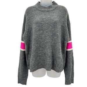 John & Jenn Varsity Stripe Gray Pink Mock Neck Pullover Sweater Top Large NEW